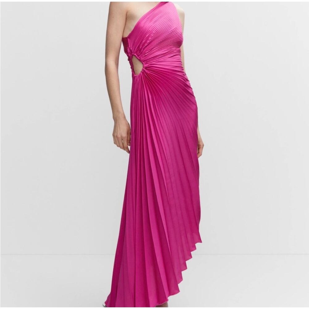 Mango One Shoulder Satin Asymmetric Pleated Maxi Dress Pink Sz 4 Wedding Guest